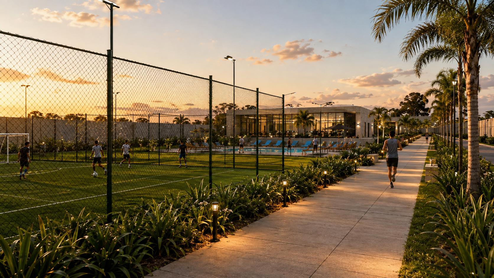 Alameda do Urban Park Residence ao entardecer